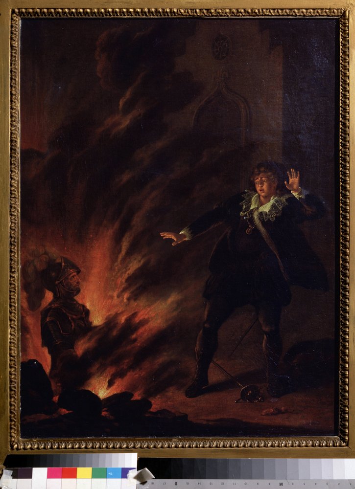 Hamlet und der Geist seines Vaters, Illustration für das Stück Hamlet von William Shakespeare (1564-1621), Gemälde der englischen Schule Anfang des 19. Jahrhunderts, Puschkin-Museum, Moskau von English School