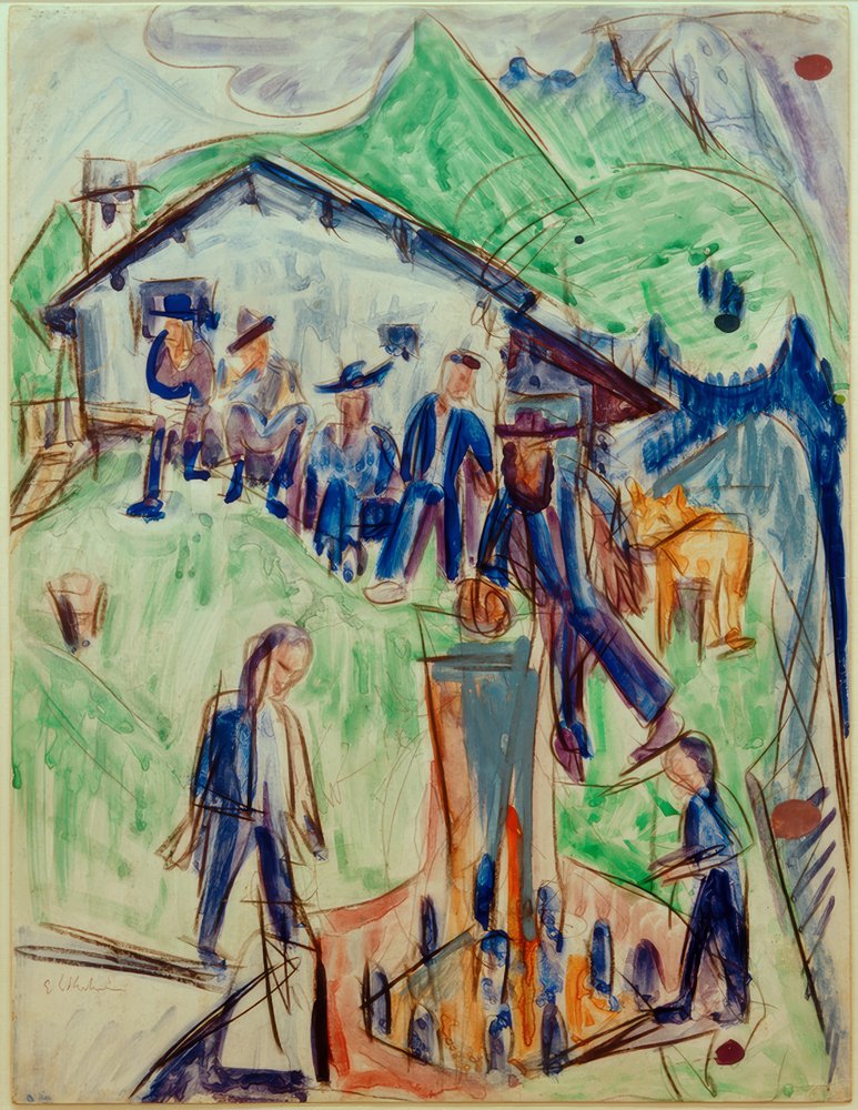 E.L.Kirchner, Bauern am Brunnen vor Stafelalp-Hütte von Ernst Ludwig Kirchner