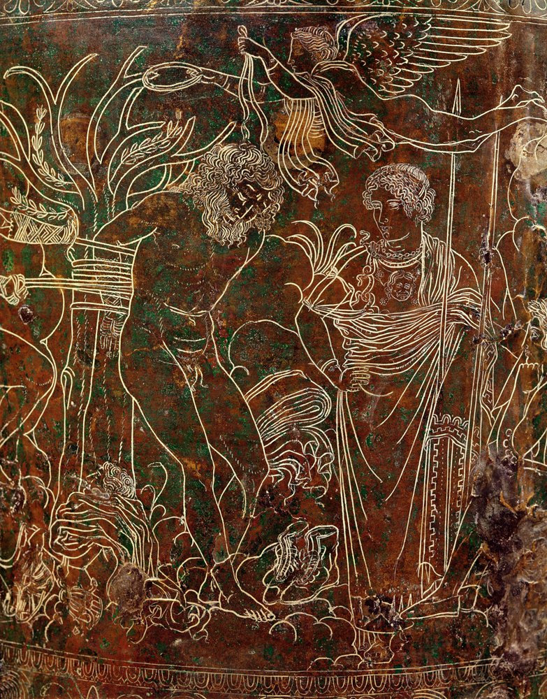 Amycus an einen Baum gebunden von Pollux, Detail von der Ficoroni-Cista ...