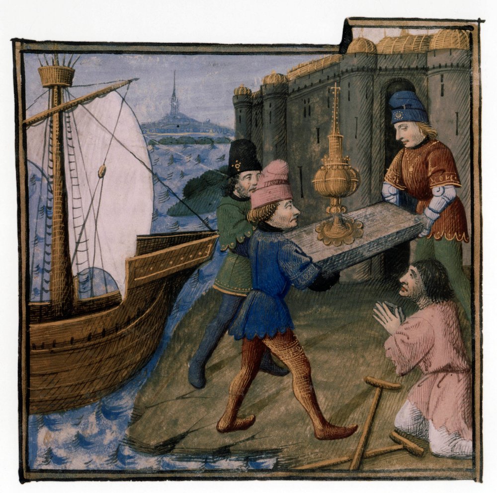 Artuslegende: Galaad, Perceval und Bohort bringen den Heiligen Gral nach Palästina: Der Gral wird den behinderten Bettler heilen, Beleuchtung von Evrard d