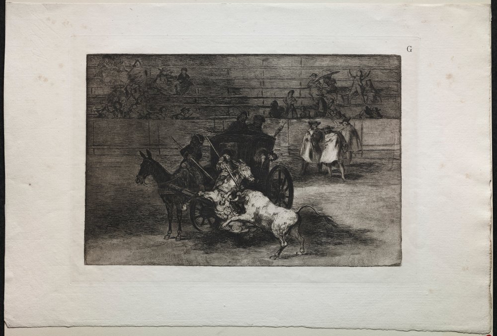 Stierkämpfe: Kampf in einer Kutsche, die von zwei Maultieren gezogen wird, 1876 von Francisco de Goya