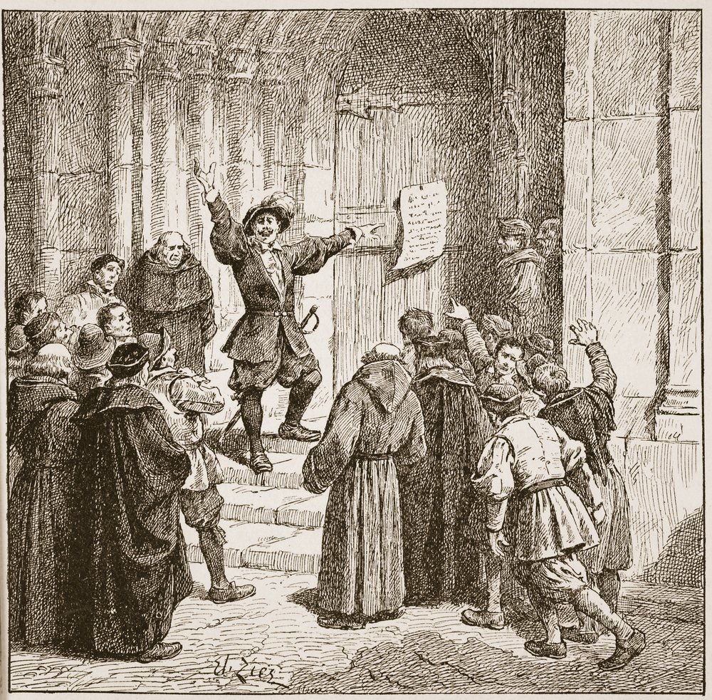 Aske befestigt seine Proklamation an der Tür der Kathedrale von York, Illustration aus 