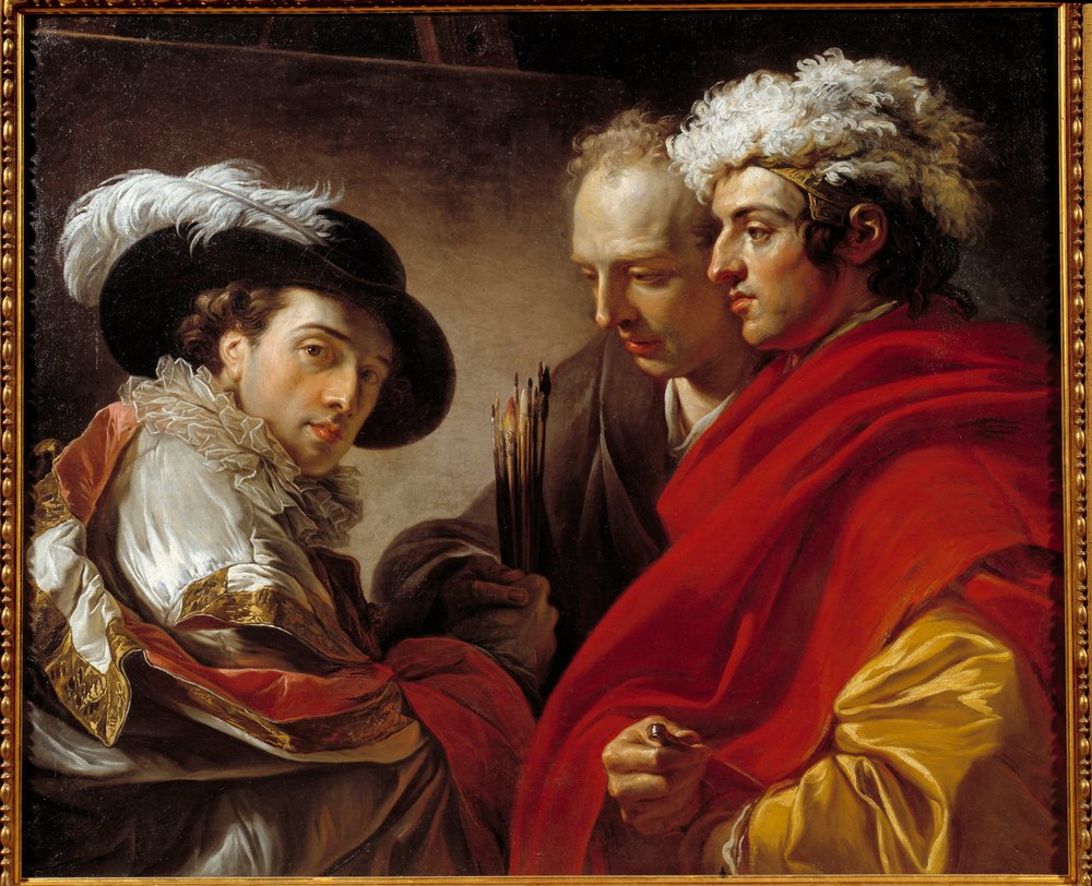 Porträt dreier Männer (der Künstler, der Architekt Pierre Rousseau und ein Unbekannter), 1775. Maße: 0,81 x 0,98 m. von François-André Vincent