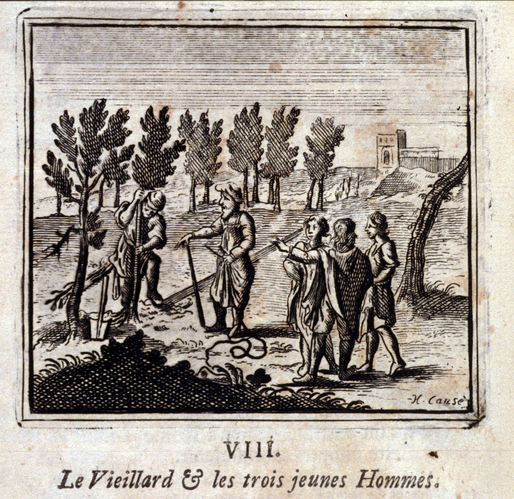 Der alte Mann und die drei jungen Männer. Fabeln von Jean de La Fontaine (1621-95). Illustration von François Chauveau (1613-1676). Ausgabe von 1728 von Francois Chauveau