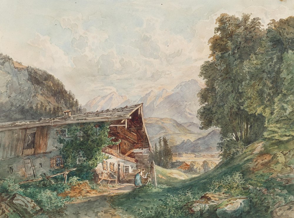 alpenlandschaft-mit-bauernhaus-und-frau-am-brunnen