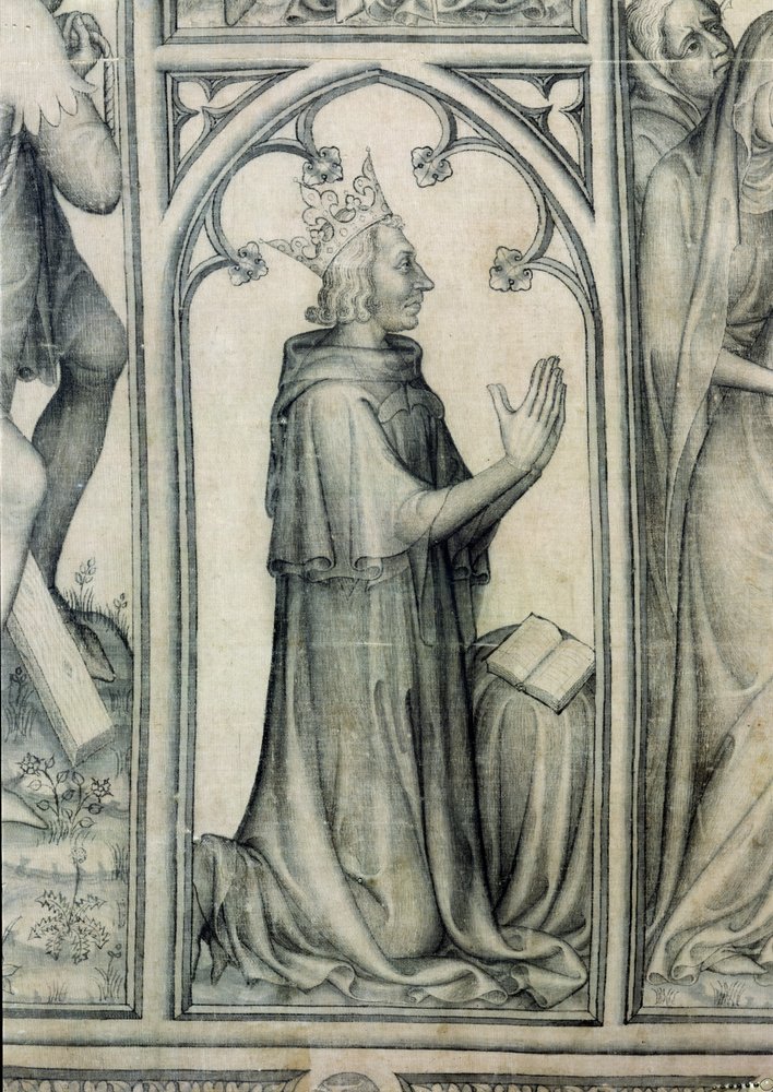 Das Parement von Narbonne, Detail von Karl V. (1338-80) beim Beten, um 1375 (Grisaille auf Seide) (Detail) von French School