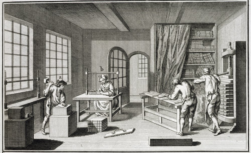 Eine Buchbinderwerkstatt, aus der Encyclopedie des Sciences et Metiers von Denis Diderot (1713-84) veröffentlicht ca. 1770 von French School