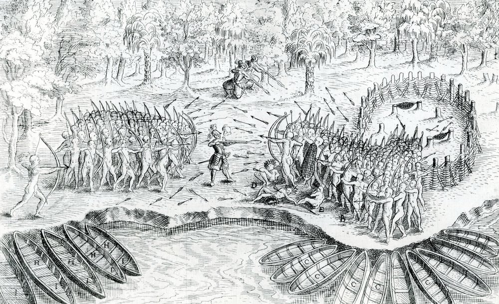 Kampf der Huronen, aus Voyage de Champlain in 1624 von Samuel de Champlain von French School