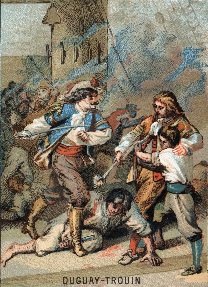 Erste Heldentat von Rene Duguay Trouin (1673-1736), französischer Seemann: Duguay - Trouin kämpft gegen Wassenaer (1695). Chromolithographie der Serie Patriotische Erziehung durch Bild von French School