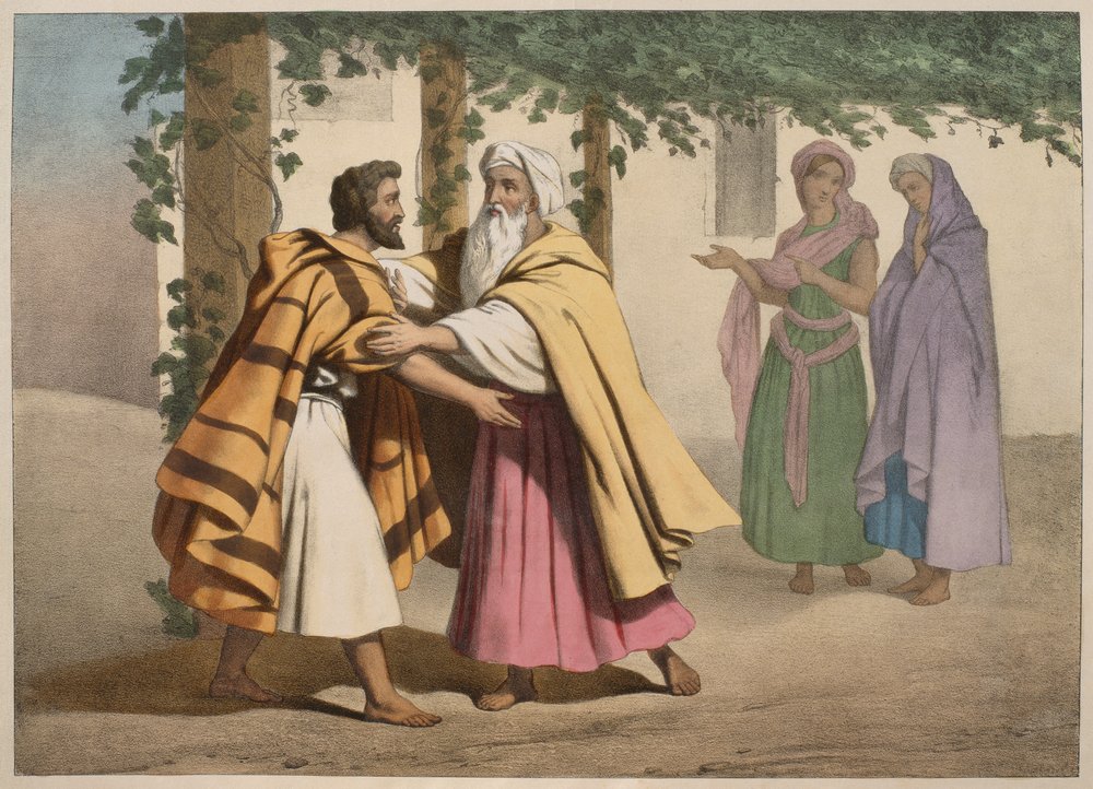 Jakob mit Laban und seinen Töchtern, Illustration aus einem Katechismus L