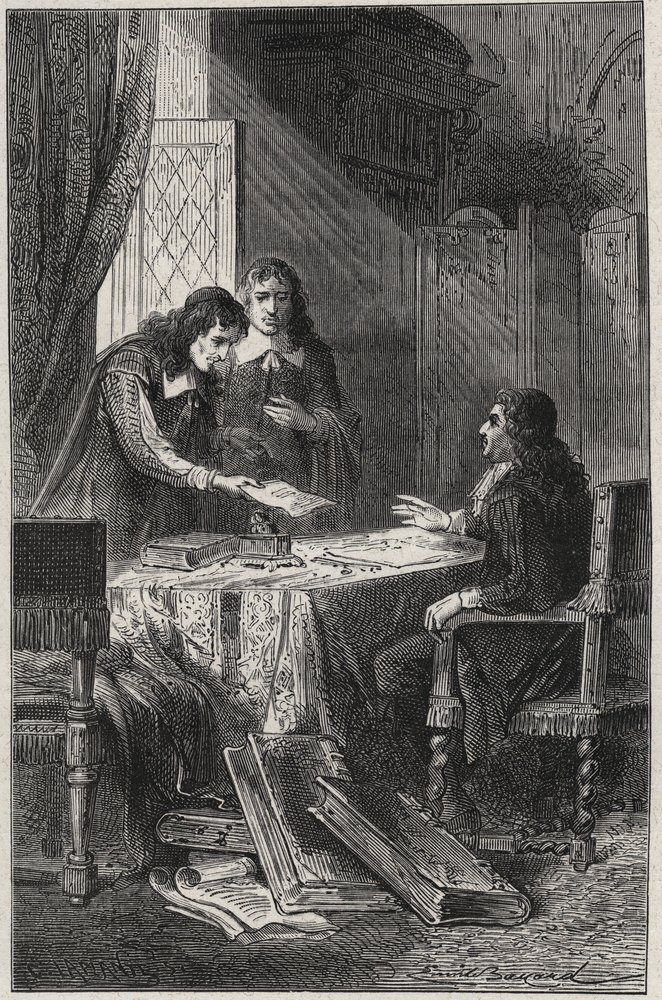 Jean Chapelain (1595-1674) französischer Dichter und Literaturkritiker und Pierre Costar (1603-1660) übergaben Jean Baptiste Colbert (1619-1683) eine Liste von Schriftstellern, die vom König Pensionen erhalten sollten - Gravur in „Les Hommes Celebres de la von French School