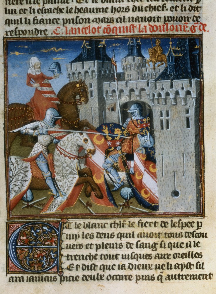 Sir Lancelot erobert Dolorous Garde mit Hilfe eines neuen Schildes, den ihm die Dame vom See gegeben hat, aus dem Livre de Messire Lancelot du Lac von French School