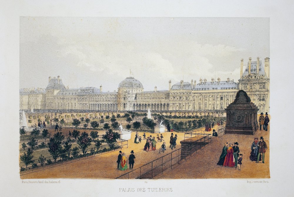 Palais des Tuileries, Paris. Lithografie Aquarell, Illustration in „Album, Souvenirs de Paris“, Daziaro Herausgeber, Paris von French School