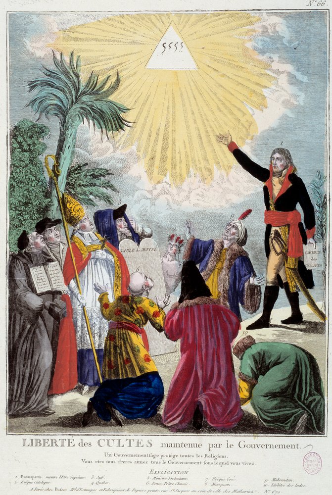 Darstellung der Religionsfreiheit aller Religionen, aufrechterhalten von Napoleon Bonaparte: der erste Konsul zeigt das Dreieck der Dreifaltigkeit, das Gott symbolisiert, vertreten durch die Vertreter jeder Religion: katholischer Bischof, ein Jude, ein Quä von French School