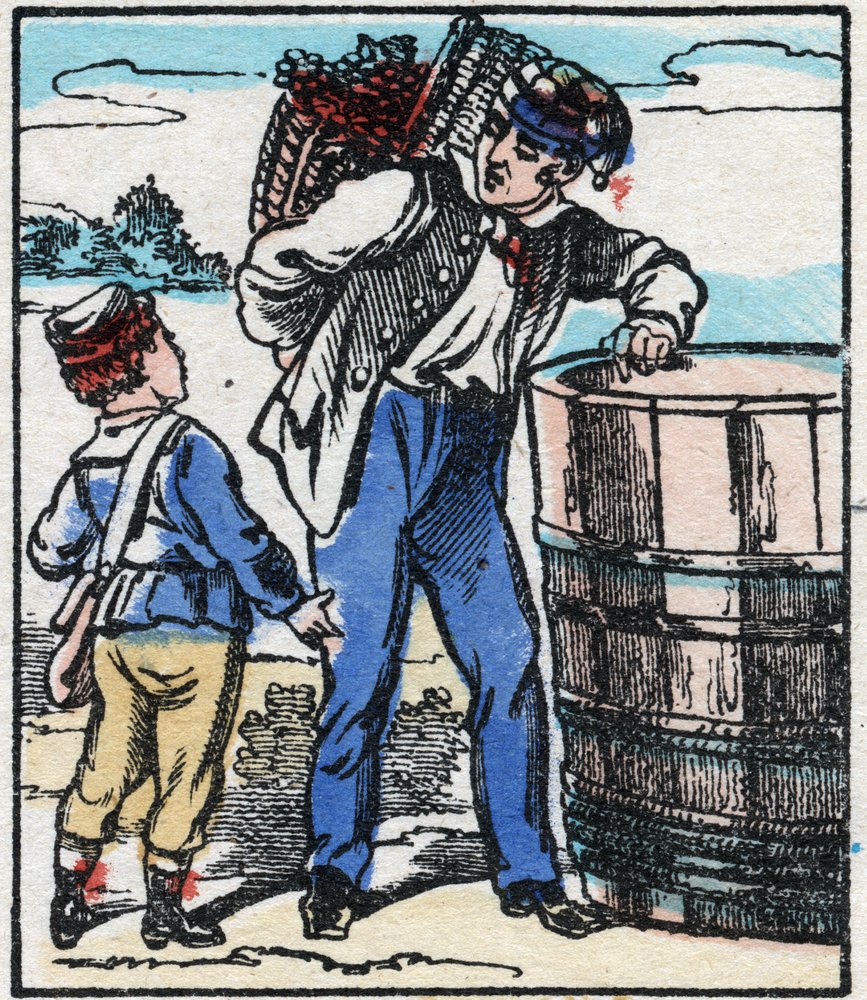 Der Winzer. Gravur in „La chanson des métiers“. Epinal-Bild, Ende des 19. Jahrhunderts. Private Sammlung. von French School