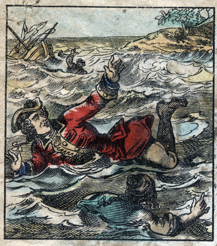 Das Sinken von Lemuel Gulliver. Illustration für „Gullivers Reisen“ von Jonathan Swift (1667-1745). Epinal Imaging Ende des 19. Jahrhunderts. von French School