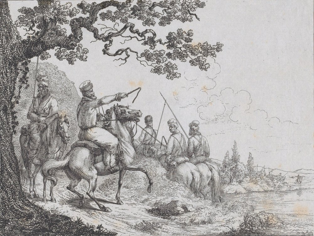 Kosaken reiten entlang eines Flussufers, 1814