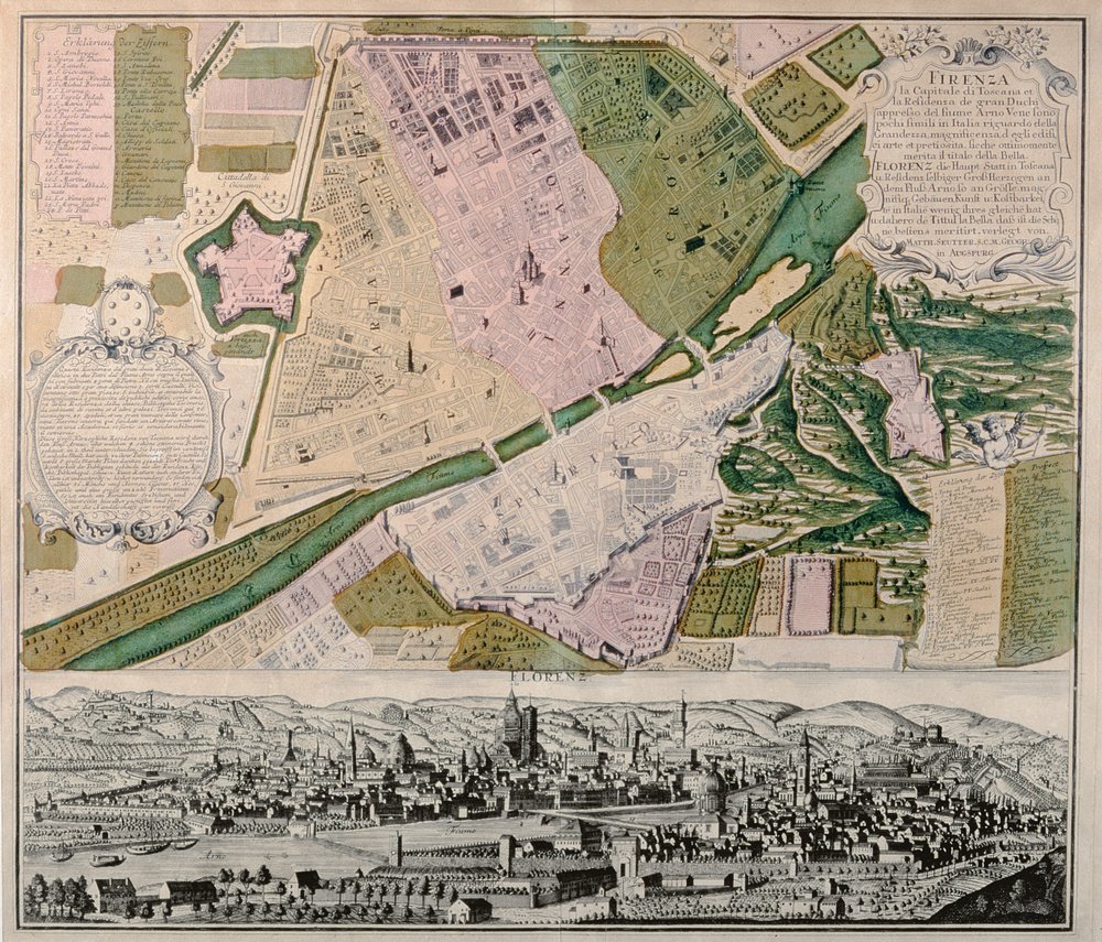 Karte von Florenz mit perspektivischer Ansicht, 1750 von Georg Matthäus Seutter