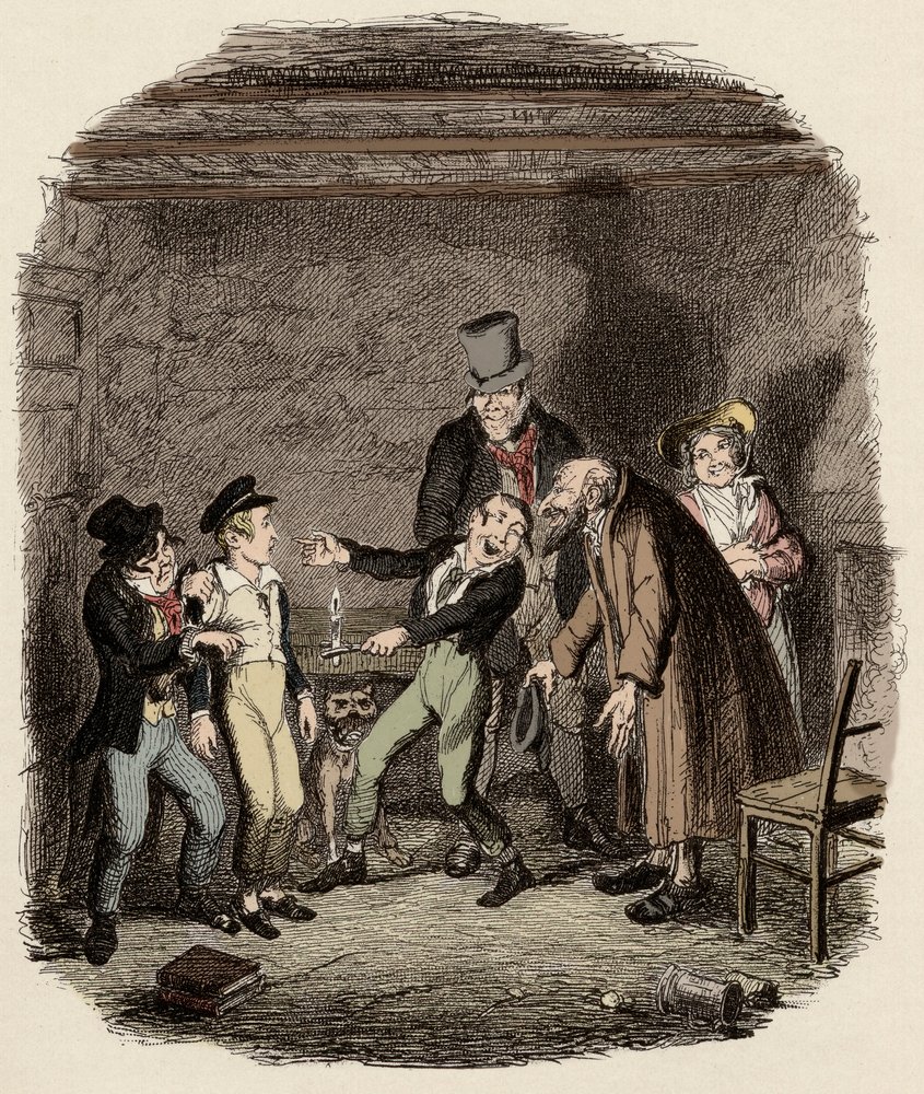 Oliver Twist wird vom alten Fagin und seiner Bande empfangen - Olivers Empfang durch Fagin und die Jungen - Illustration zu „Oliver Twist“ (Olivier) (Die Abenteuer des Oliver Twist) von Charles Dickens (1812-1870) von George Cruikshank