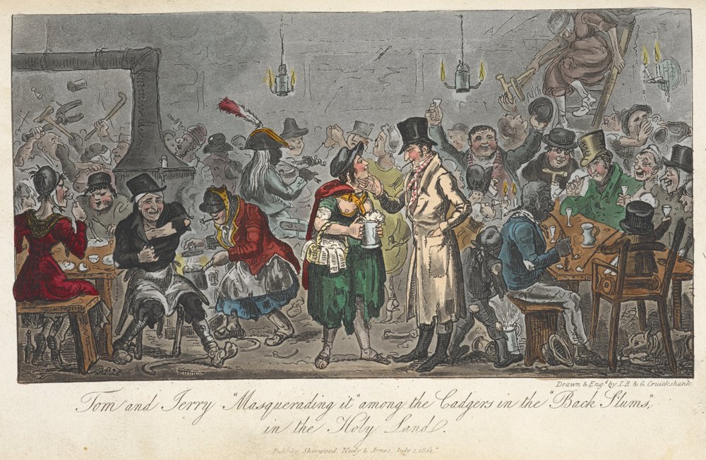 Tom und Jerry „maskieren sich“ unter den Bettlern in den „schwarzen Slums“ im Heiligen Land, in „Life in London, etc.“ von Pierce Egan von George Cruikshank