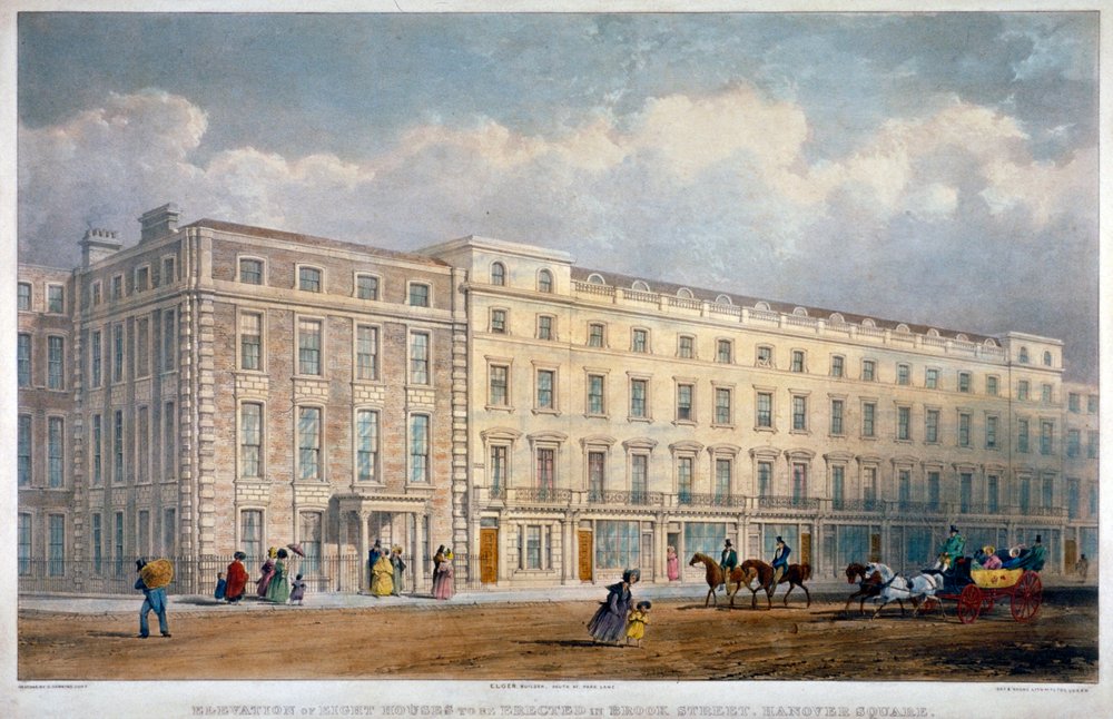 Ansicht von acht Häusern in der Brook Street, Westminster, London, ca. 1840 von George Hawkins