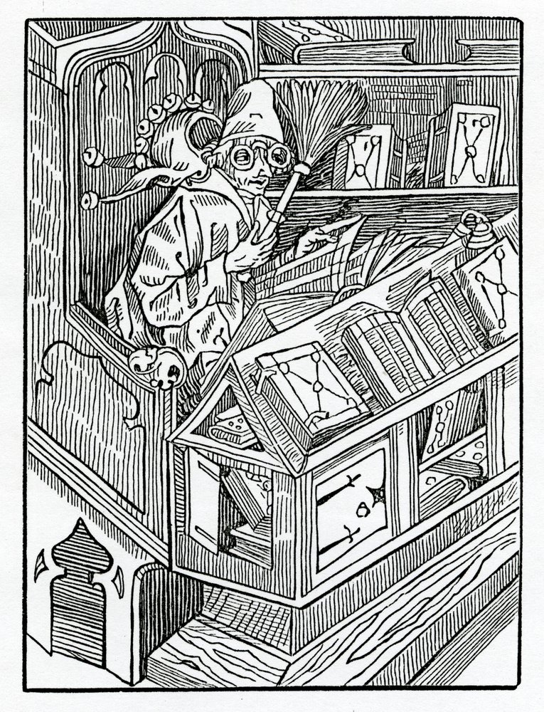 Hier beginnt das Narrenschiff und zuerst die unprofitablen Bücher, Illustration aus Alexander Barclays englischer Übersetzung von 