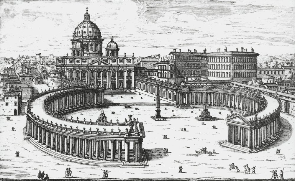 Vatikanstadt, Blick auf die Piazza San Pietro mit der Basilika St. Peter und den Vatikanischen Palästen, Gravur von Giovanni Battista Falda. 1665 von Giovanni Battista Falda