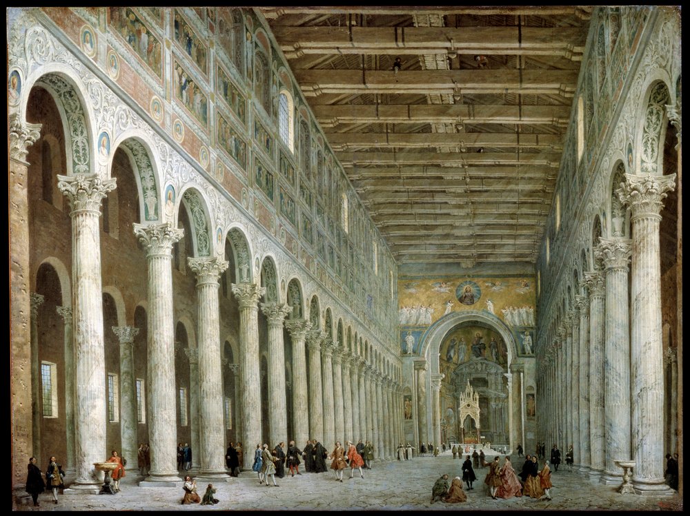 Innenraum der Basilika Sankt Paul vor den Mauern in Rom, um 1750 von Giovanni Paolo Pannini