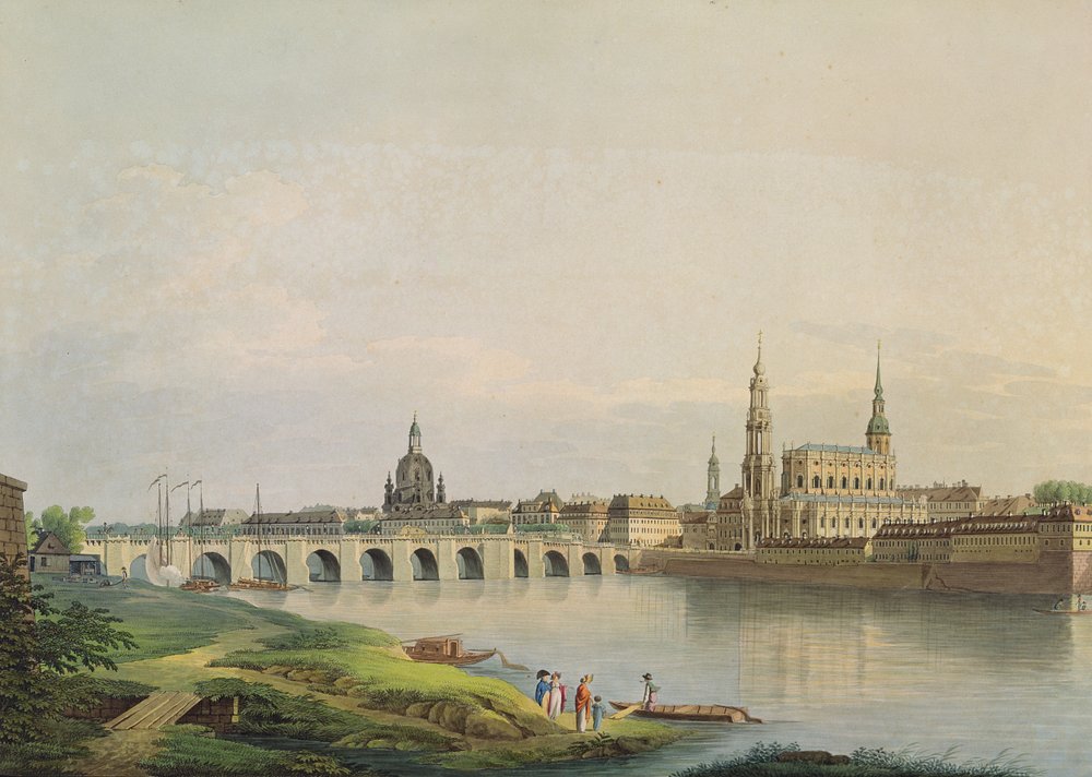 Ansicht von Dresden vom westlichen Teil der Neustadt (mit der Frauenkirche, protestantische Kirche, Augustusbrücke und der Kathedrale) graviert von Christian Gottlob Hammer (1779-1864) von Gottlob Thormeyer or Thormeier