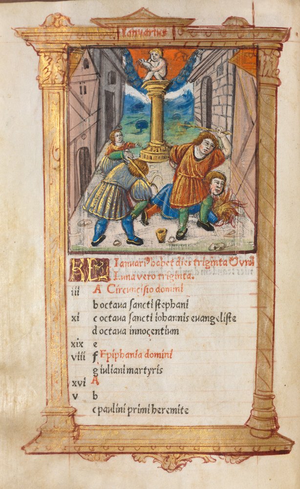 Gedrucktes Stundenbuch Gebrauch von Rom: fol. 2v, Januar Kalenderillustration von Guillaume Le Rouge