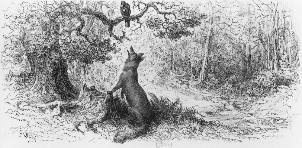 Der Rabe und der Fuchs, aus Jean de La Fontaines „Fabeln“ (1621-95) von Gustave Dore