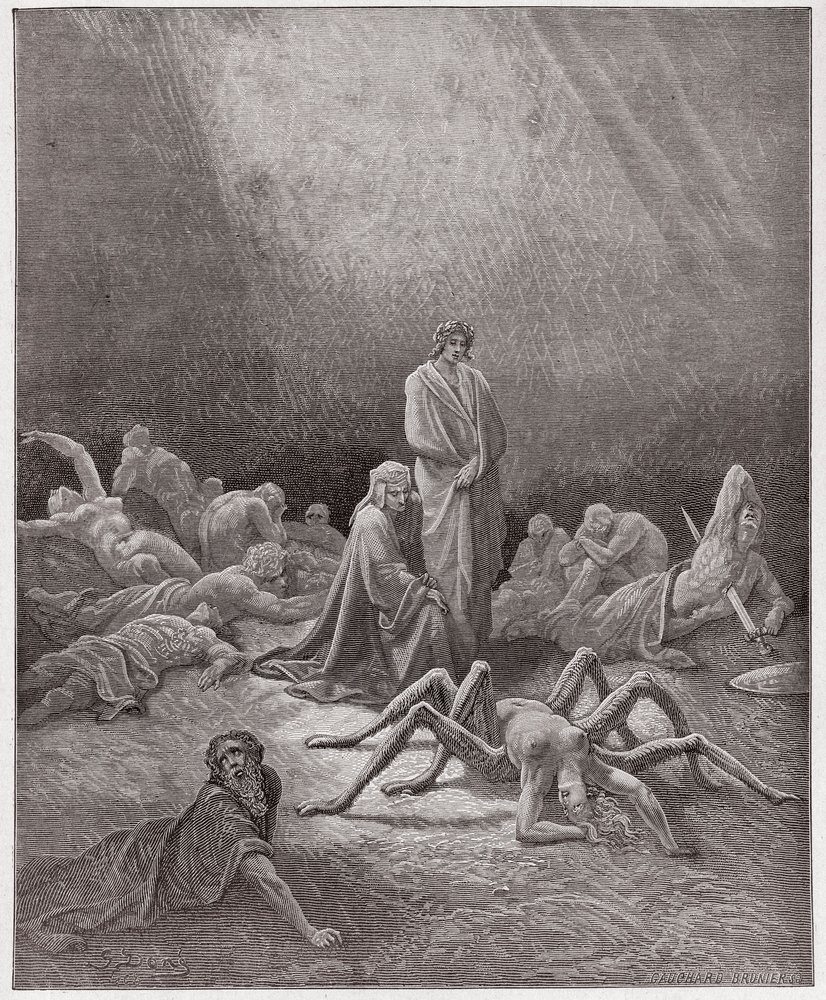 Die Göttliche Komödie, Purgatorio, Gesang 12: Dante betrachtet die Seele von Arachne - von Dante Alighieri (1265-1321) - Illustration von Gustave Doré (1832-1883) von Gustave Dore