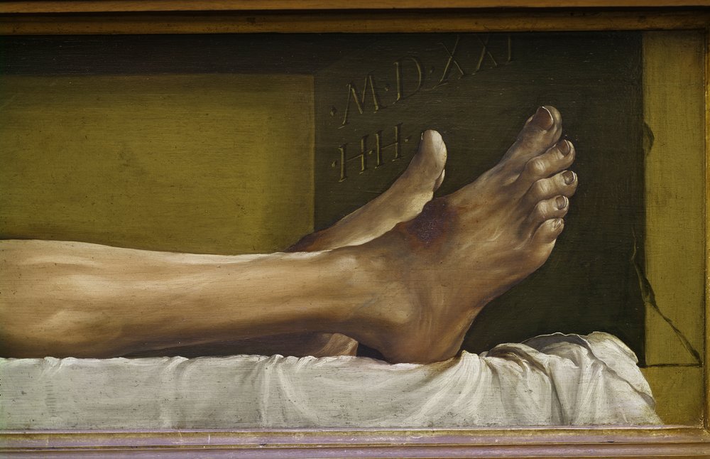 Der Leichnam Christi im Grabe, Detail der Füße sowie der Signatur und Datierung des Werkes, 1521 von Hans Holbein der Jüngere