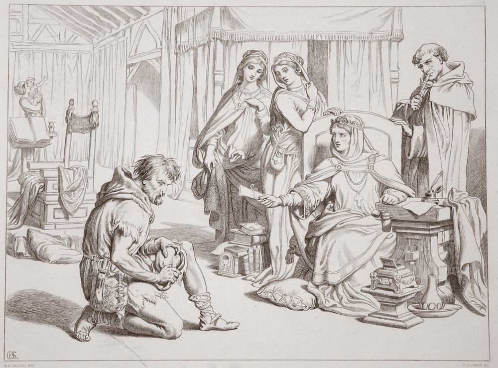 Martin Lightfoot übernimmt es, den Brief an Earl Leofric zu überbringen, Illustration aus Hereward the Great von Charles Kingsley, veröffentlicht 1870, graviert von C.G. Lewis von Henry Courtney Selous