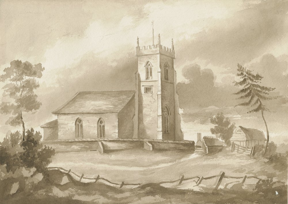 Codsall Kirche: Sepiazeichnung, undatiert [1844] von Henry James Noyes