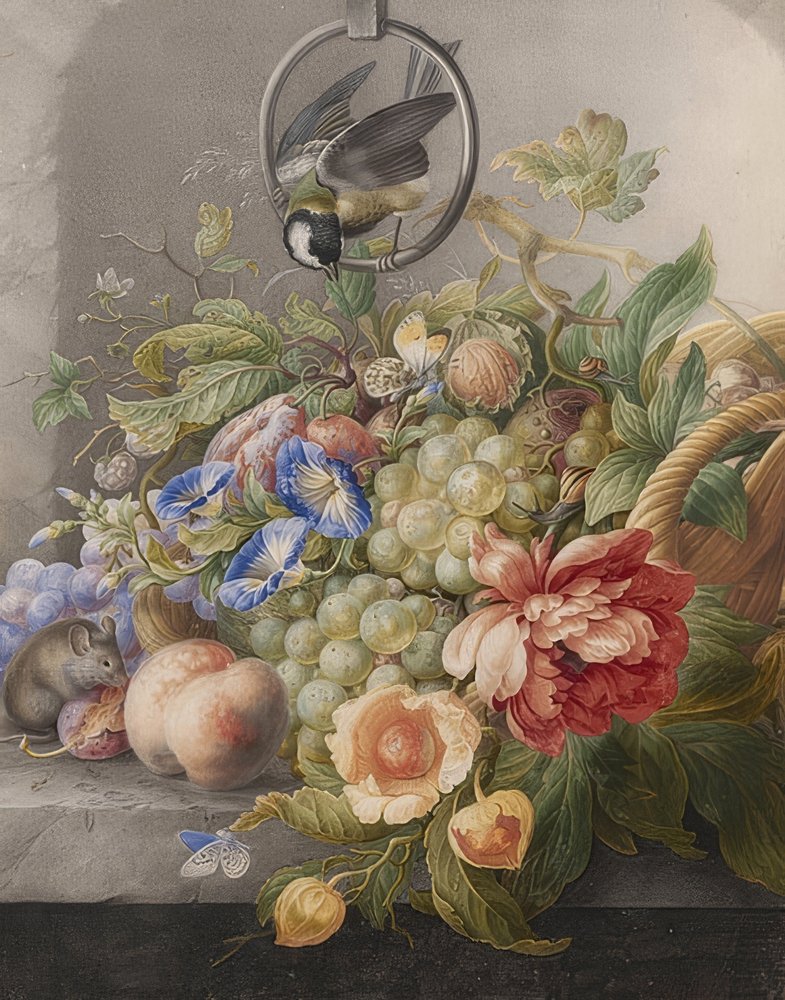 Blumenstillleben, Früchte, eine Kohlmeise und eine Maus von Herman Henstenburgh