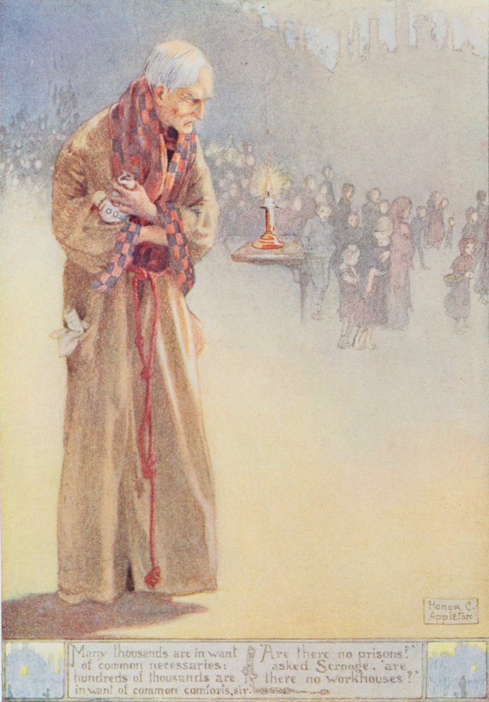 'Scrooge betrachtet die Armen', Illustration zu 'Eine Weihnachtsgeschichte' (1843) von Charles Dickens (1812-70) von Honor Charlotte Appleton