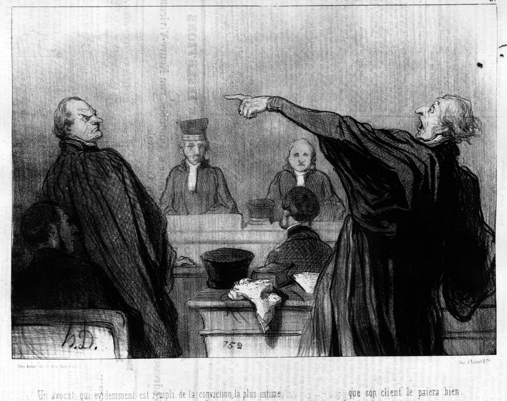 Ein Anwalt, der offensichtlich von der innigsten Überzeugung erfüllt ist, dass sein Mandant ihn gut bezahlen wird, aus der Karikaturenserie „Gens de Justice“ über die Justiz von Honoré Daumier (1808-1879). „Charivari“ von Honoré Daumier