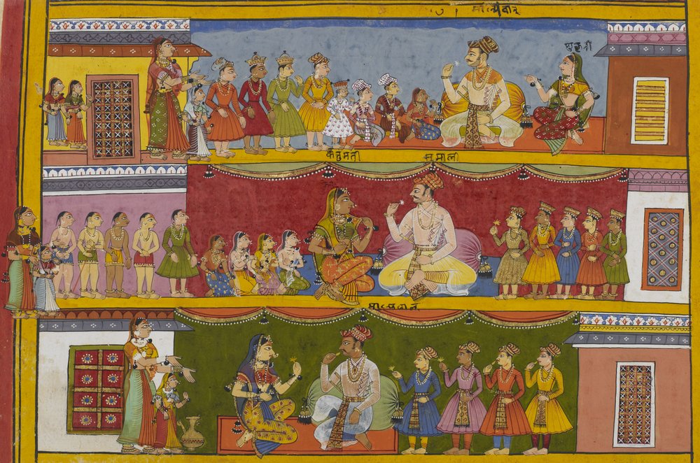 Sukeśas drei Söhne heiraten Gandharvīs und gründen Familien, dargestellt in drei Registern von Indian School