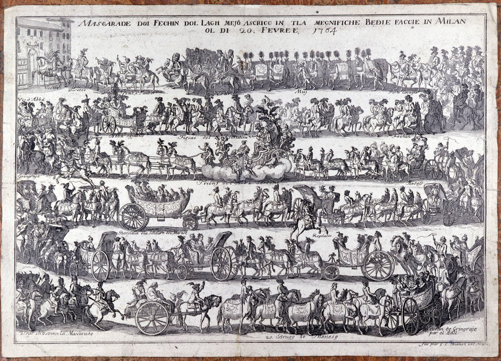 Maskerade: Prozession und Tanz von Maskenmenschen anlässlich des Karnevals. Mailand 20.02.1764 von Italian School