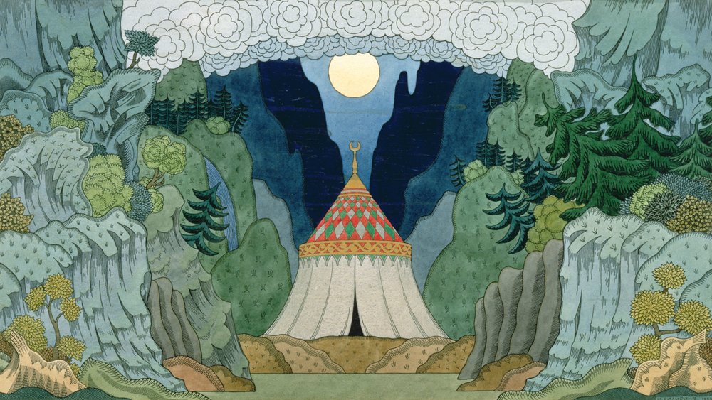 Entwurf für die Oper „Der goldene Hahn“ von Nikolai Rimski-Korsakow (1844-1908), 1909 von Ivan Yakovlevich Bilibin