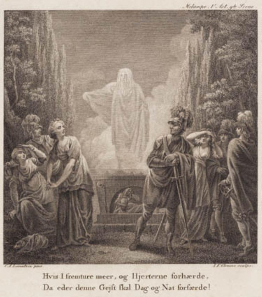 Melampe. Wenn ihr weiter fortfahrt und die Herzen verhärtet, wird euch dieser Geist Tag und Nacht erschrecken? Gravur nach Llorentzens Holberg Galerie. von J.F. Clemens