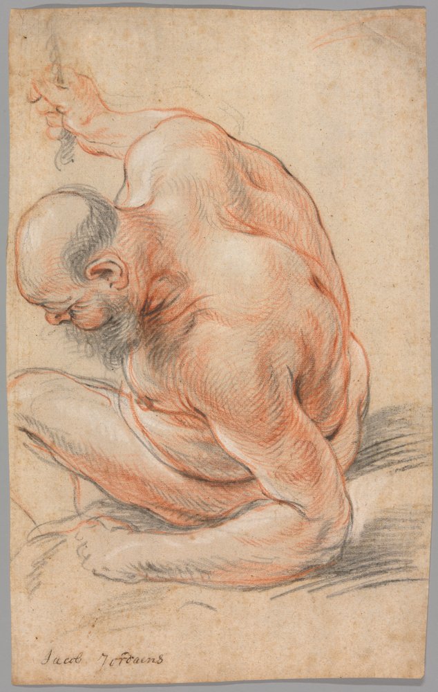 Sitzender nackter alter Mann, auf seinen Unterarm gestützt, nach links gewandt von Jacob Jordaens