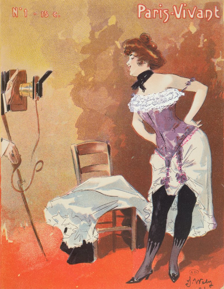 Frau, die in einem Korsett fotografiert wird, Karikatur für „Paris-Vivant“, 1901 von Jacques Wely