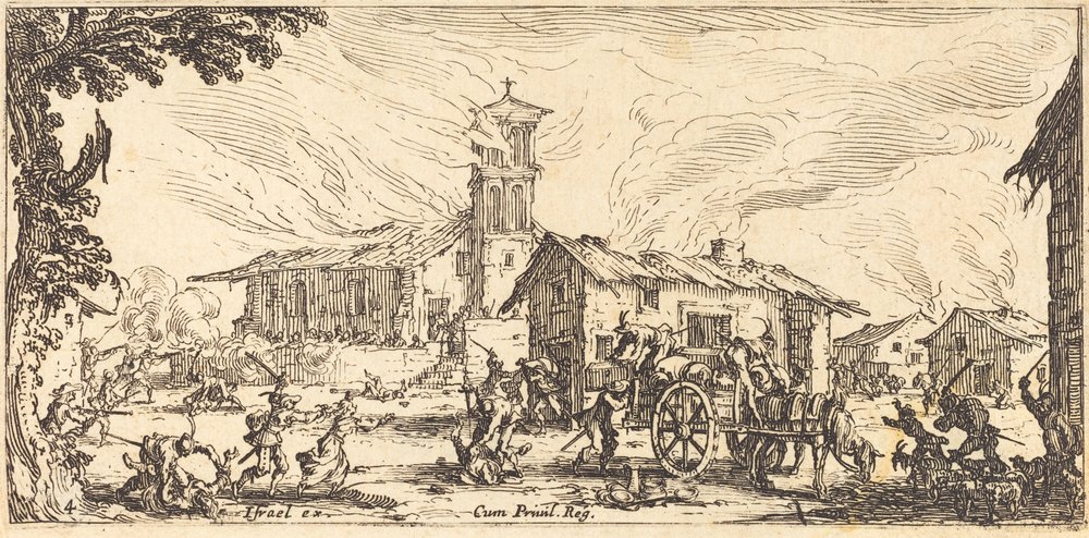 Plünderung und Brandstiftung eines Dorfes, ca. 1633 von Jacques Callot