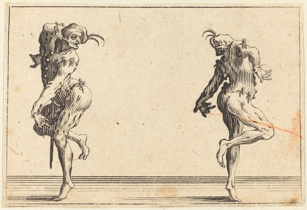 Zwei Pantalons tanzen, ca. 1622 von Jacques Callot