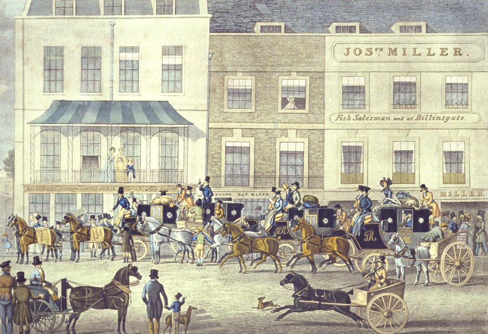 West Country Mail im Gloucester Coffee House, Piccadilly, graviert von C. Rosenberg von James (after) Pollard