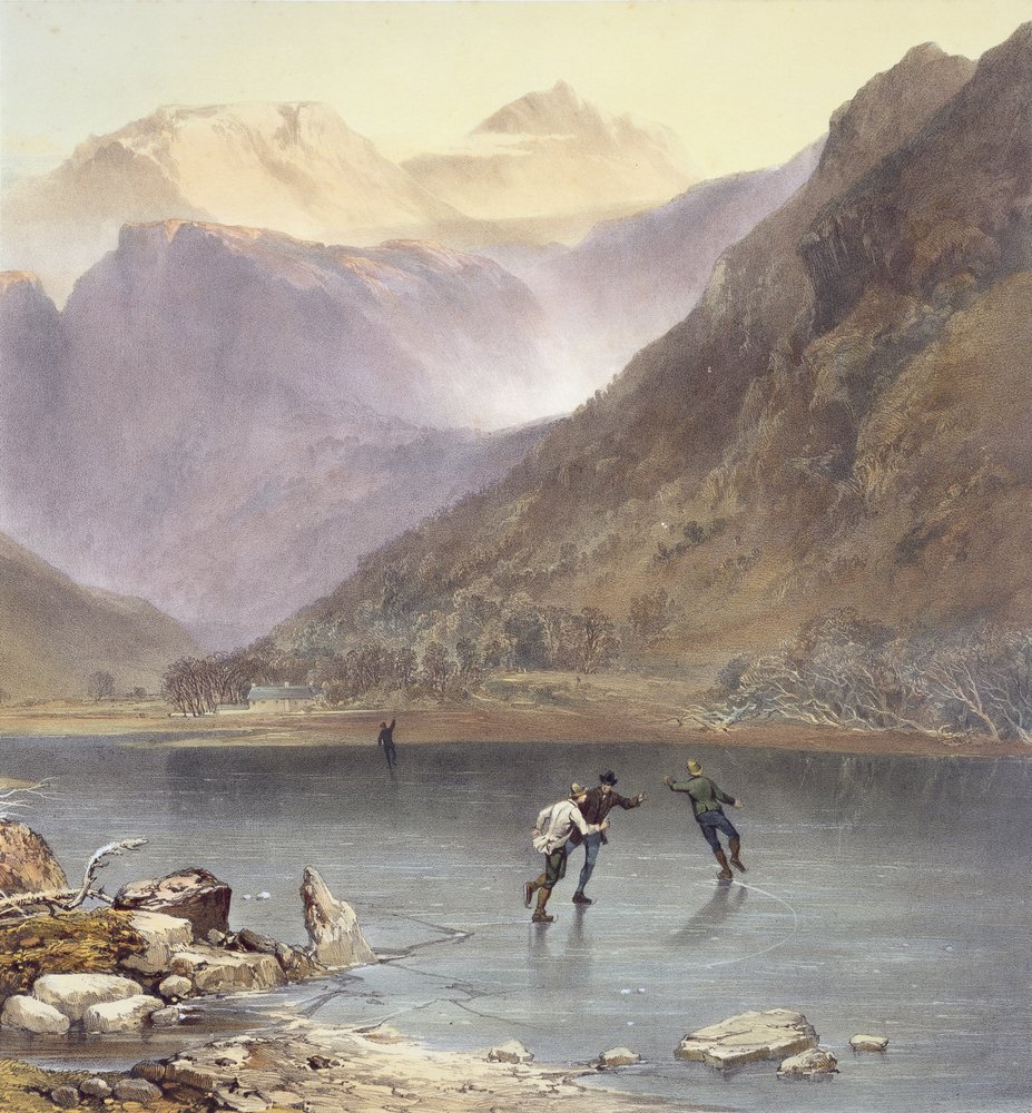 Brothers Water, Detail mit Schlittschuhläufern, aus dem Englischen Lake District, 1853, Detail von 90428 von James Baker Pyne