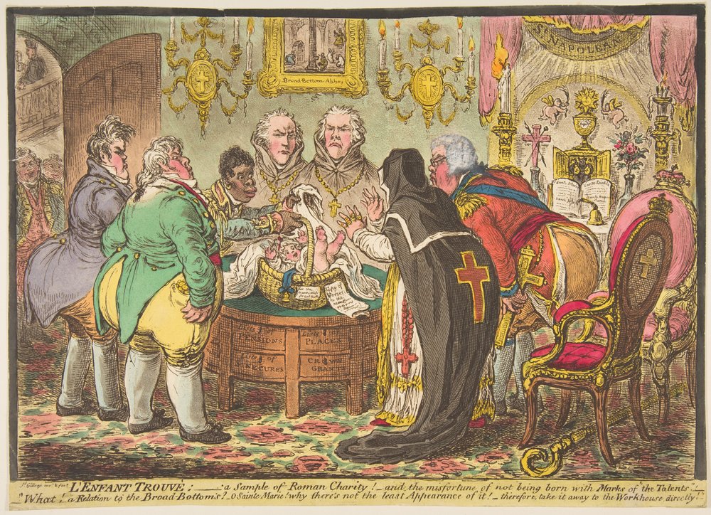 Das gefundene Kind: Ein Beispiel römischer Nächstenliebe! - oder das Unglück, nicht mit ... geboren zu sein, 19. Mai 1808 von James Gillray