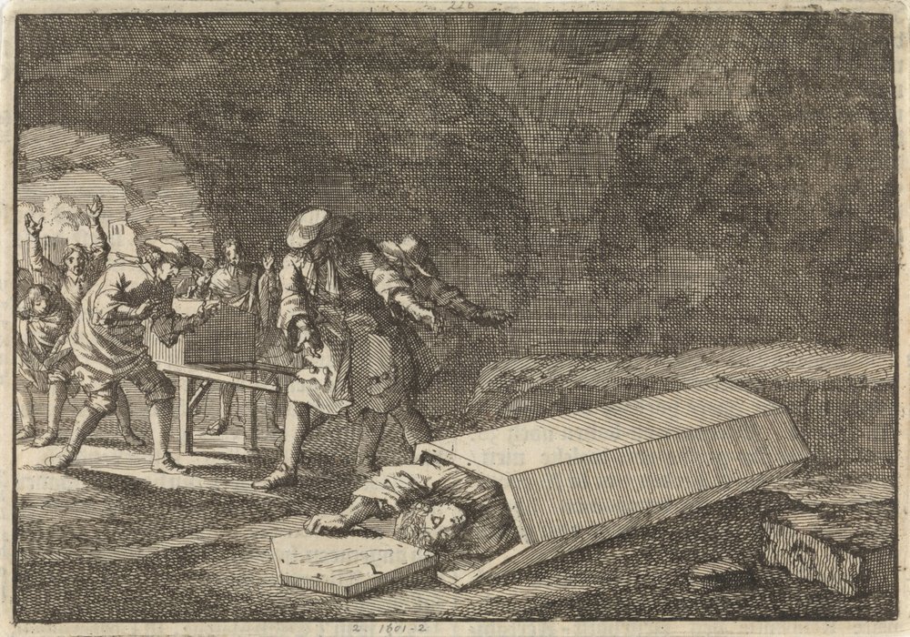 Bestattungsdiener in Rom sehen, dass Antonio Marlini, den sie einige Tage zuvor in einem Gewölbe beigesetzt hatten, nur scheintot gewesen sein muss, 1696 von Jan Luyken
